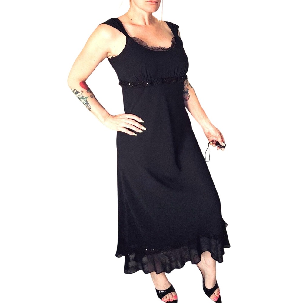 Y2K Black Empire Waist Ruffle Midi Dress Sequined Lace Detail Vintage